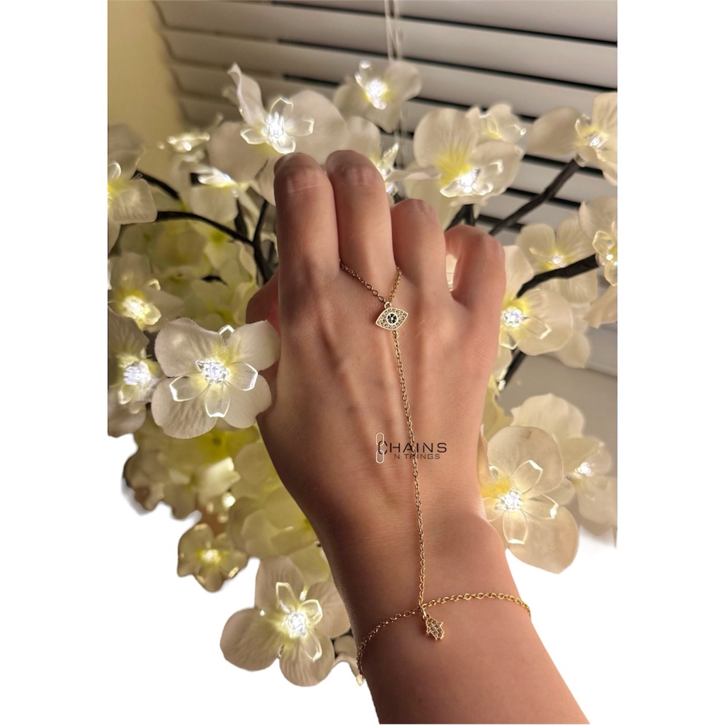 Evil Eye Hand Chain Finger Bracelet 14k Gold Plated Over Stainless Steel No Fade
